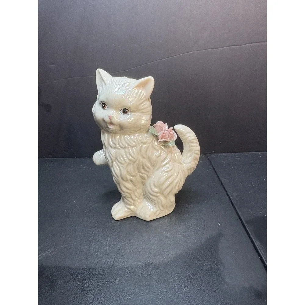 Vintage Cat Figurine With Flowers White Long Hair Ceramic Feline Paw Raised